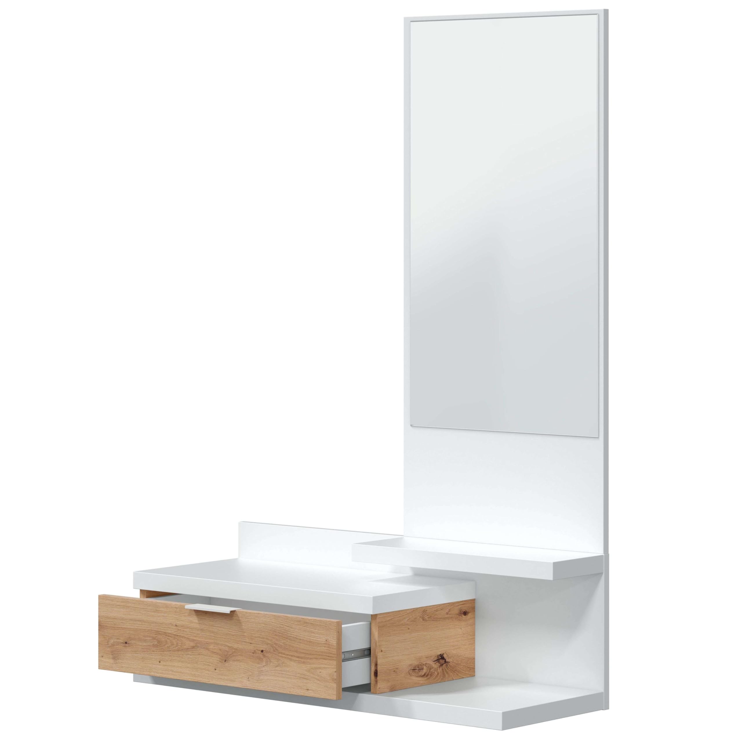 Habitdesign – Mueble Recibidor con Cajón, Espejo y 2 Baldas, Mueble de Entrada, Color Blanco Artik y Roble Nodi, 81x116x29 cm - Modelo Dahlia