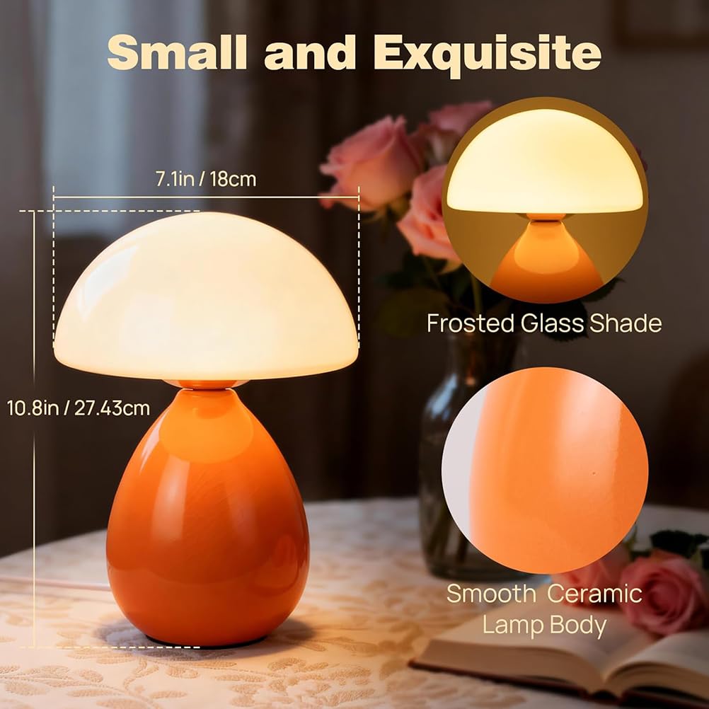 AoLa Pilzlampe Orange LED Pilz Tischlampe mit Kabel und Schalter Dimmbar Tischleuchte lnnen mit Stecker Orange Nachttischlampe Glas Modern Dekorative Lampe für Wohnzimmer Schlafzimmer, 3000K