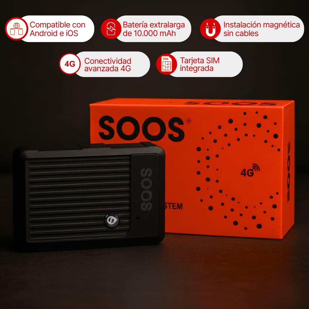SOOS Localizador GPS para Coche, Moto, Maquinaria y Otros | Seguimiento en Tiempo Real sin Límite de Distancia, con Historial de Rutas y Velocidad | Rastreador GPS Coche con Batería de 10.000 mAh