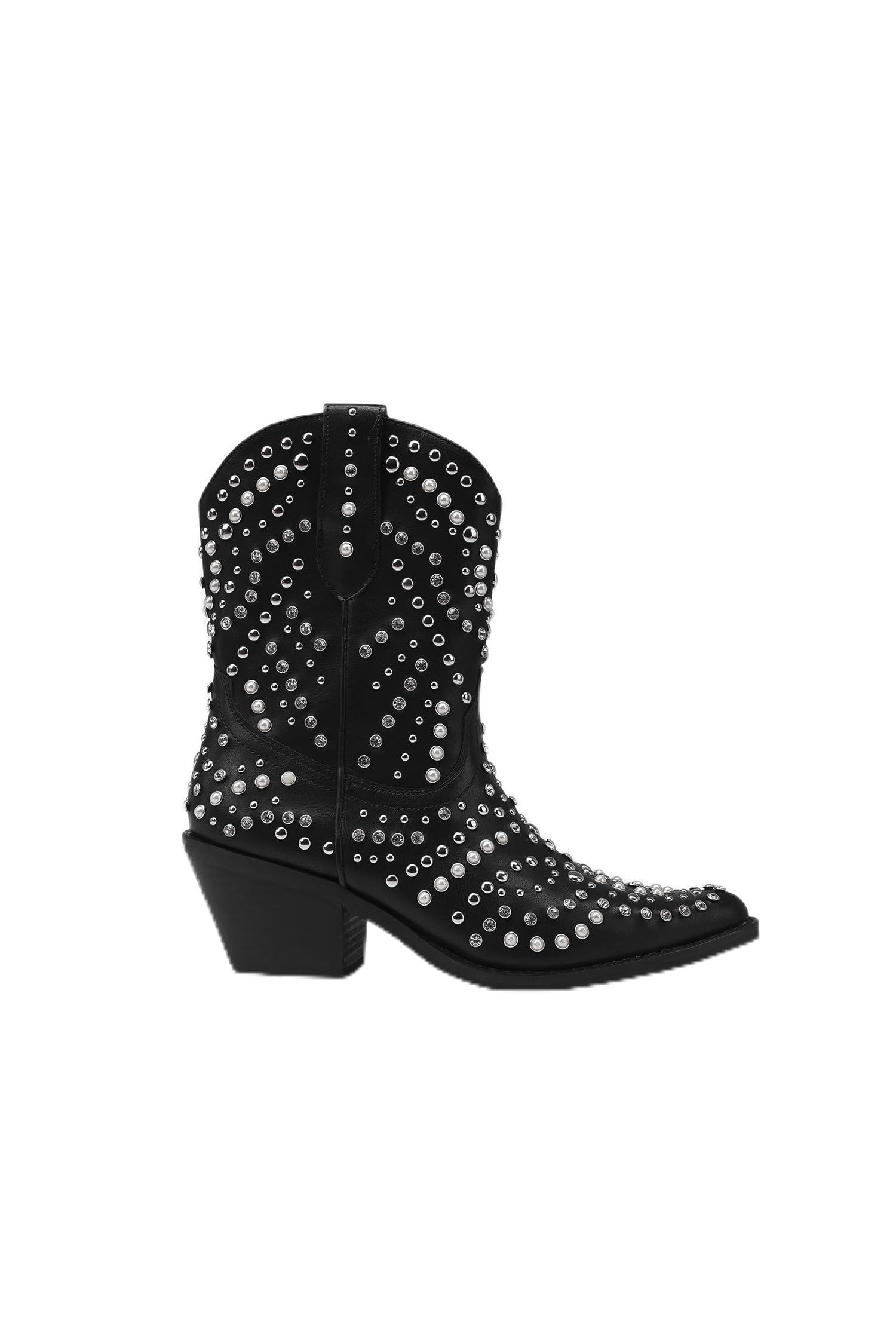 Womens Studded Rhinestone Pearl Western Boots Mid-Calf Boots Cowgirl Boots Ankle Boots Pointed Toe Boots Stacked Heel Boots
