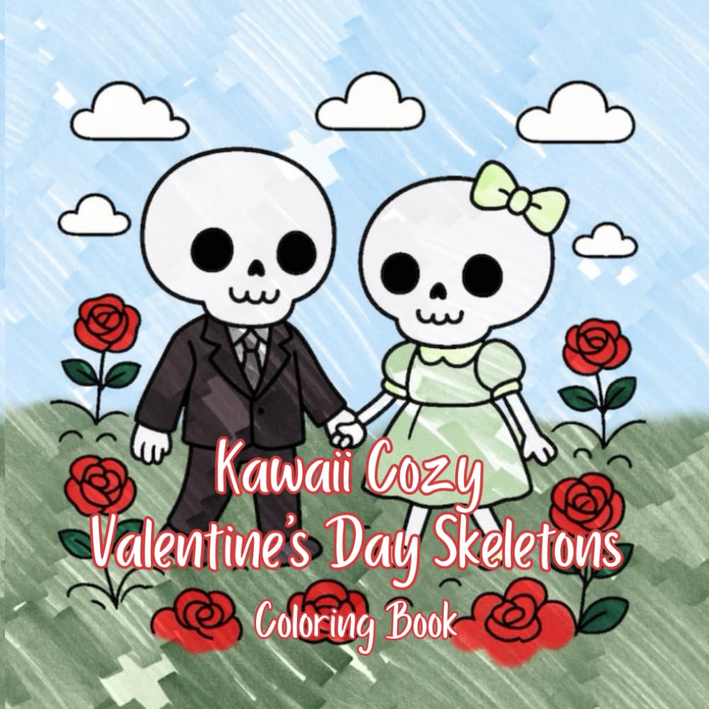 Kawaii Cozy Valentine’s Day Skeletons: Coloring Book