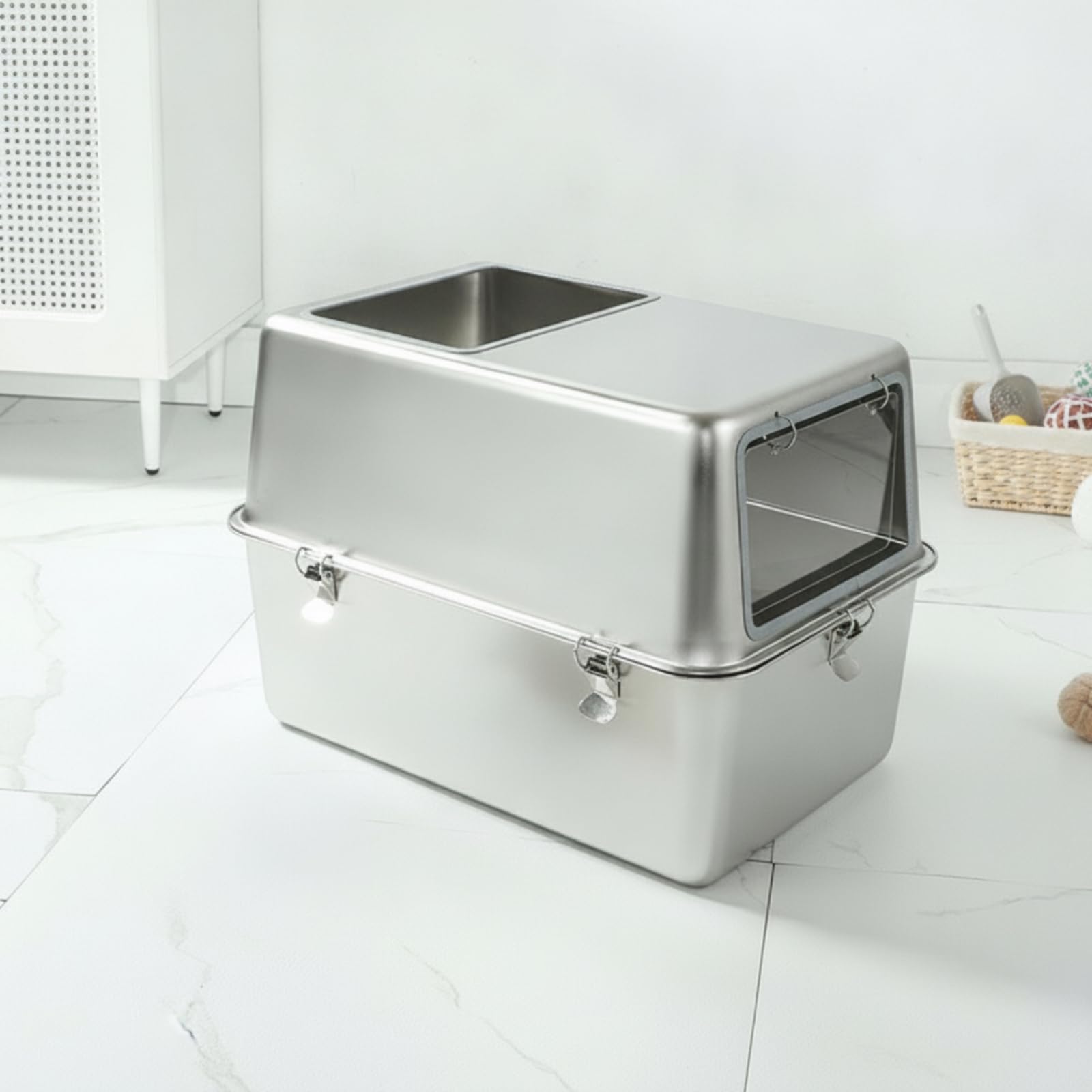 rockible Edelstahl-Katzenklo Rostfrei Katzentoilette mit Haube Hygienisch Katzentoilette mit Deckel für Katzen, Katzenbesitzer, Wohnung, Badezimmer, 50 X 35 X 40 cm
