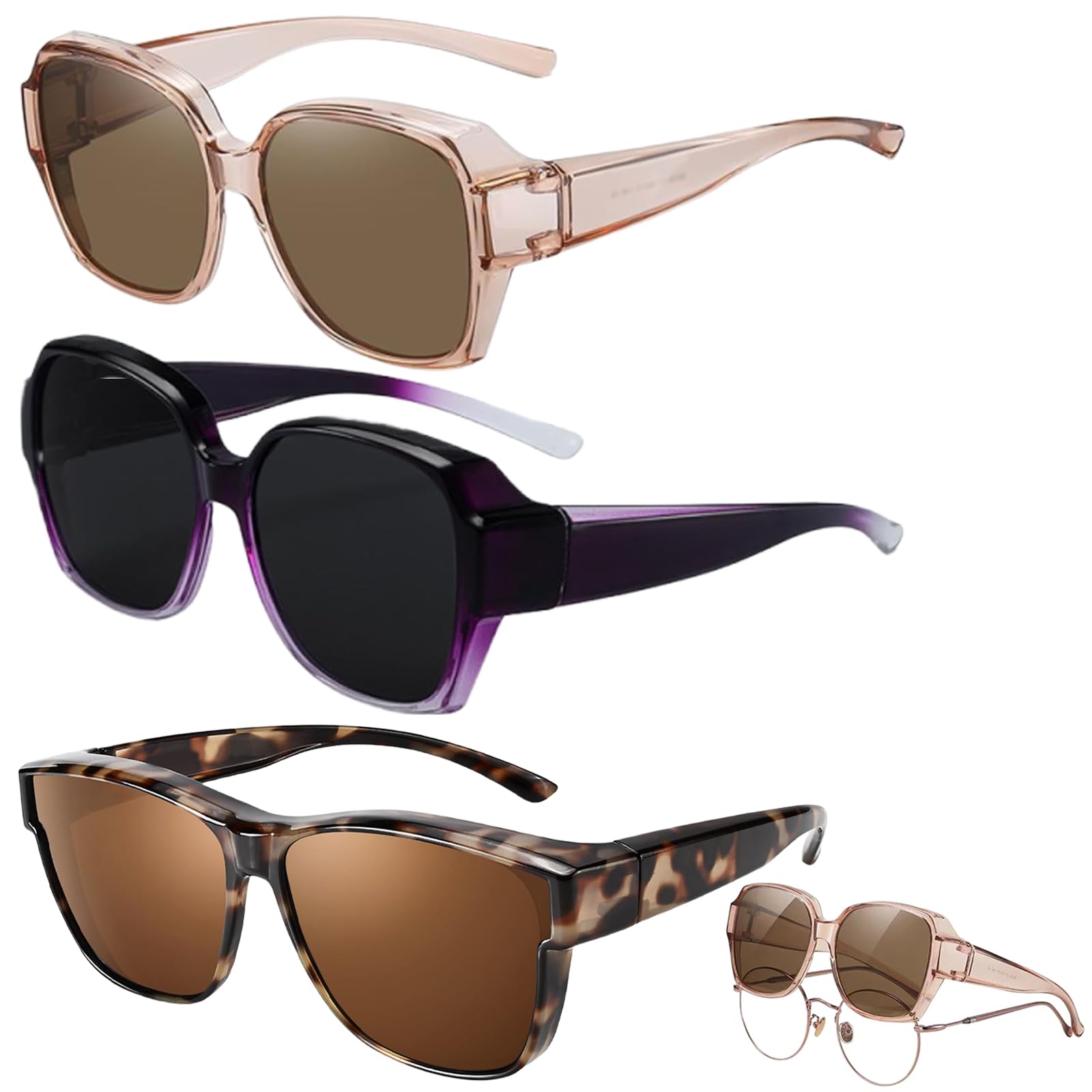 Sunglasses Over Normal Glasses, 3 Pieces Sunglasses Attachment for Wearing Over Correction Glasses, Fashionable Square Anti-Glare Sunglasses, Sunglasses for Driving with UV Protection, Unisex-image-39