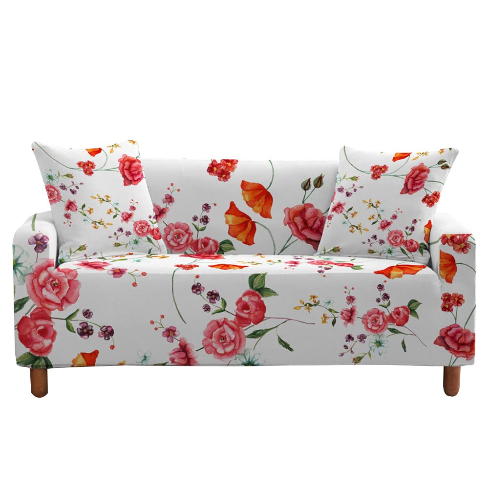 Highdi Red Flower Flower Sofa Cover 1/2/3/4 Seater, Sofa Slipcover Stretch Washable Furniture Protector Printed Non Slip Sofa Covers For Loveseat Couch Sofa (1 Seater,)