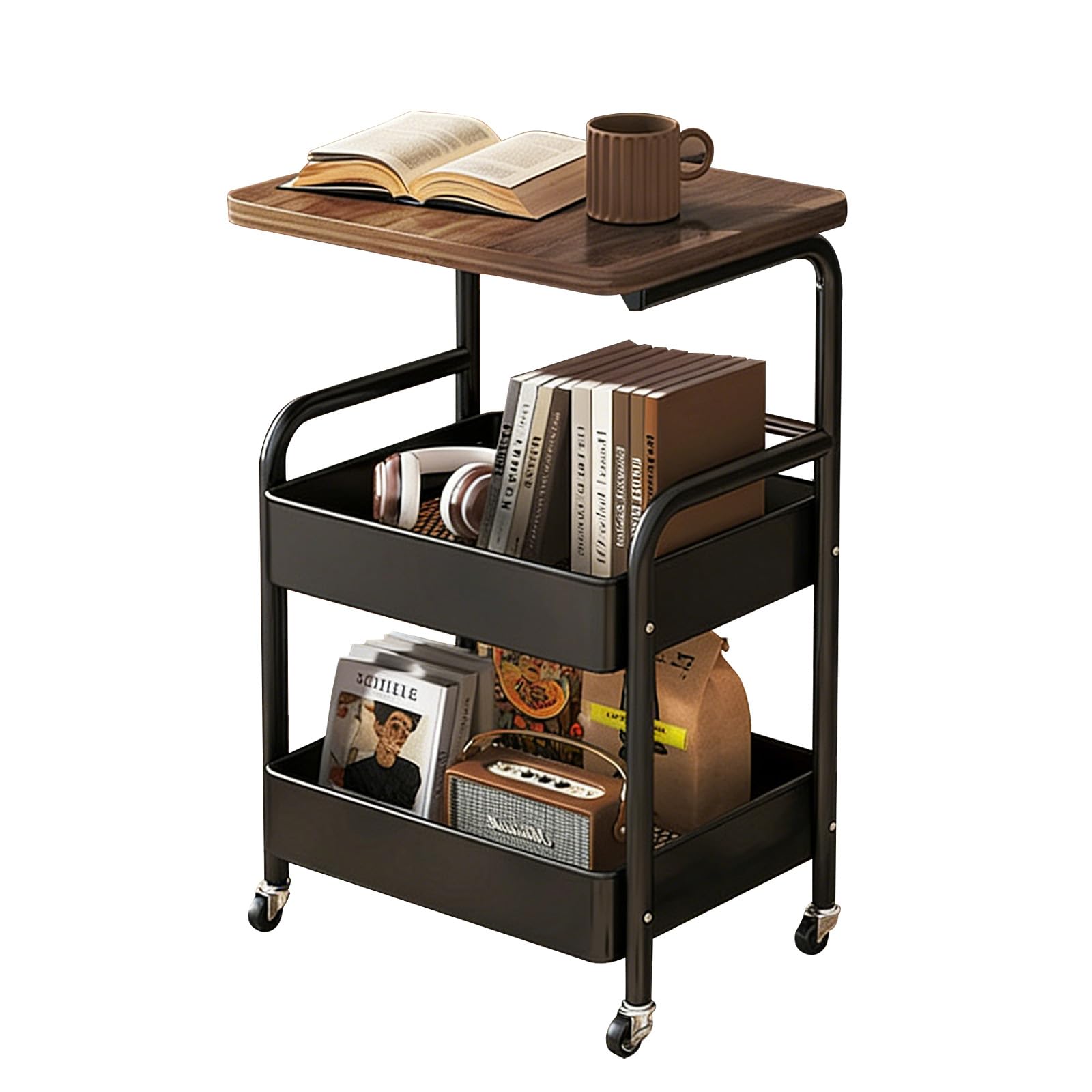 LLHONG 3-Tier Trolley, Kitchen Trolley on Wheels, Multifunctional Cart with Wooden Shelves and Metal Baskets, Floor-Standing Storage Trolleys, Suitable for Kitchen, Bedroom, Bathroom, Office (Black)