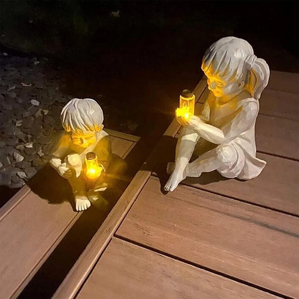Słoneczne figurki ogrodowe dla dzieci, figurka chłopca i dziewczynki statua ogrodowa dla dzieci ze słoikiem świetlika, figurka słoika świetlika, dekoracyjne ozdoby do rzeźb na świeżym powietrzu