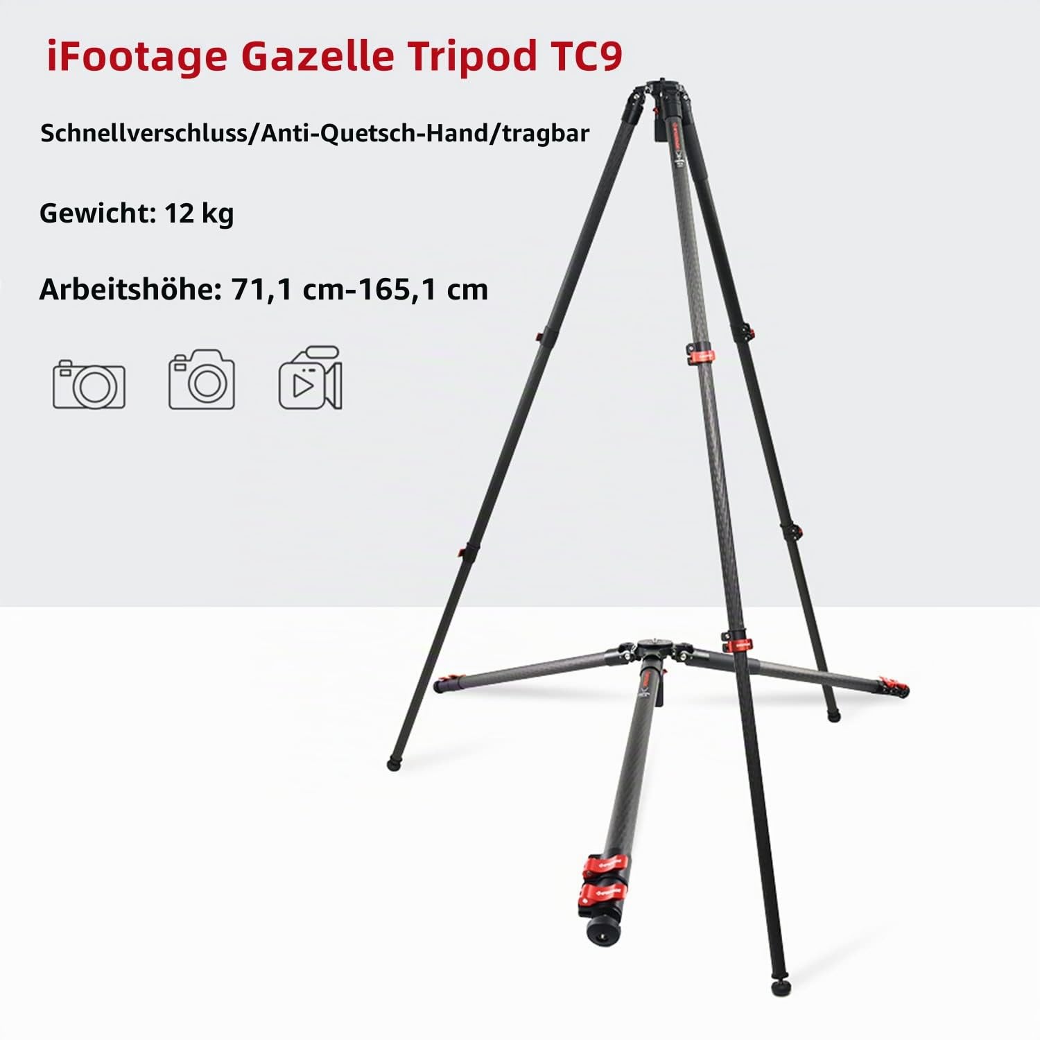 IFOOTAGE Gazelle TC9 Kamerastative,Kamera Stativ,Fotostativ,Stativ Kamera Flexibel,Basic-Einbeinstativ,Fußpolster & Spike, Tragetasche,165cm,Belastung 12KG
