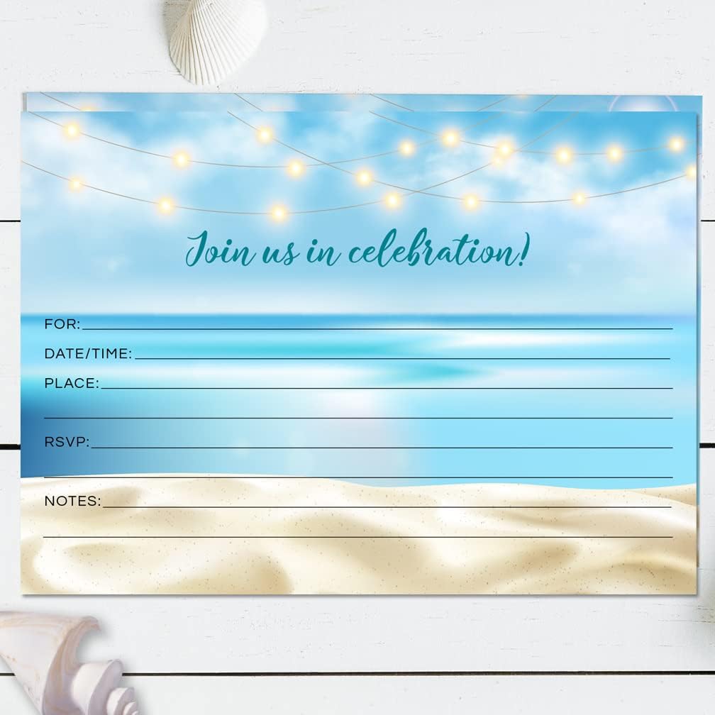 Ocean Beach Fairy Lights Party Invitation, Set of 20 Fill-in Blank 5x7 Invites and Envelopes (Uncoated white cardstock)