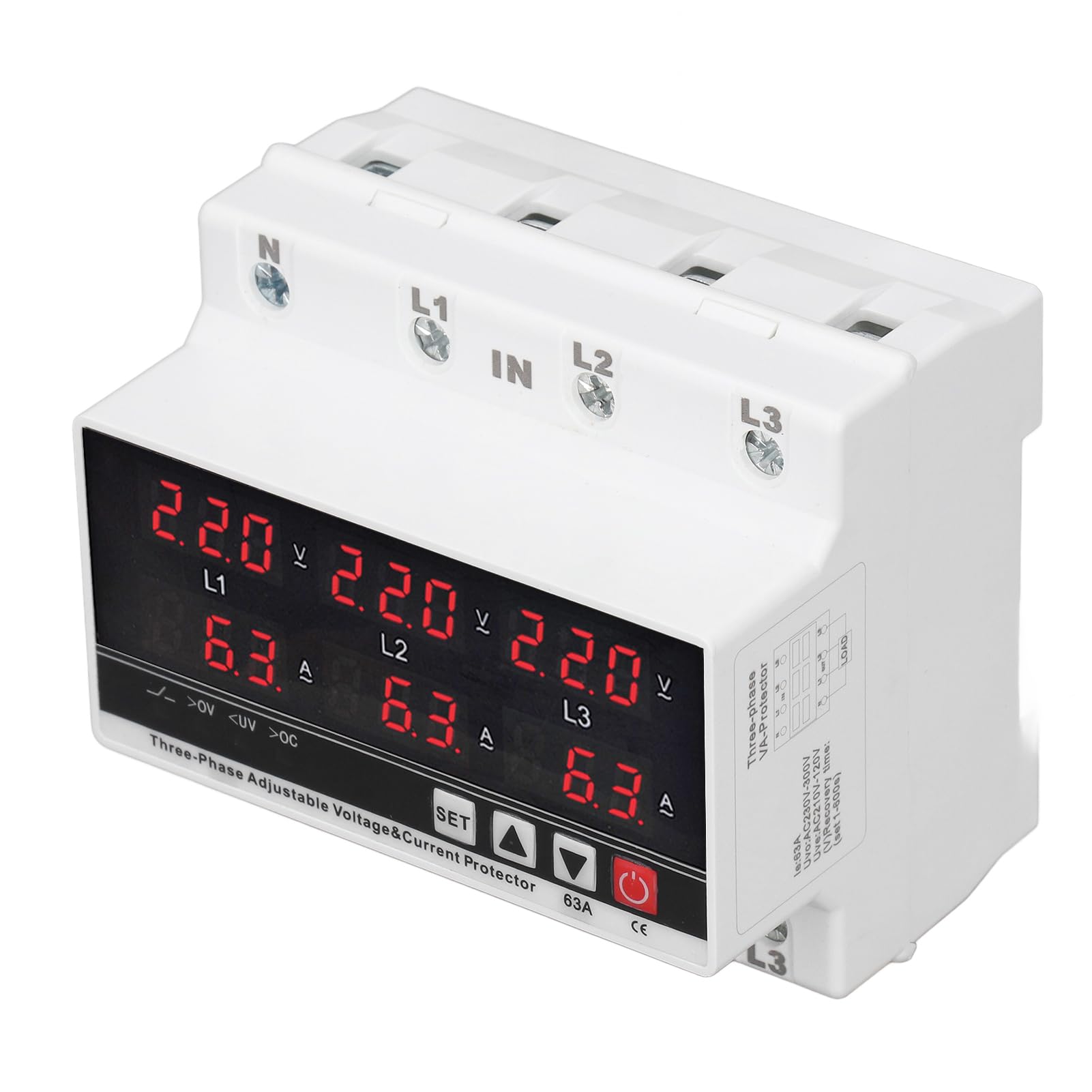 Protezione Professionale Sovratensione e Sovracorrente Regolabile, Protezione Sottotensione CA 120 V- 300 V 63 A 3 Fasi A 3 Fili, Protezione Multifunzionale per Voltmetro