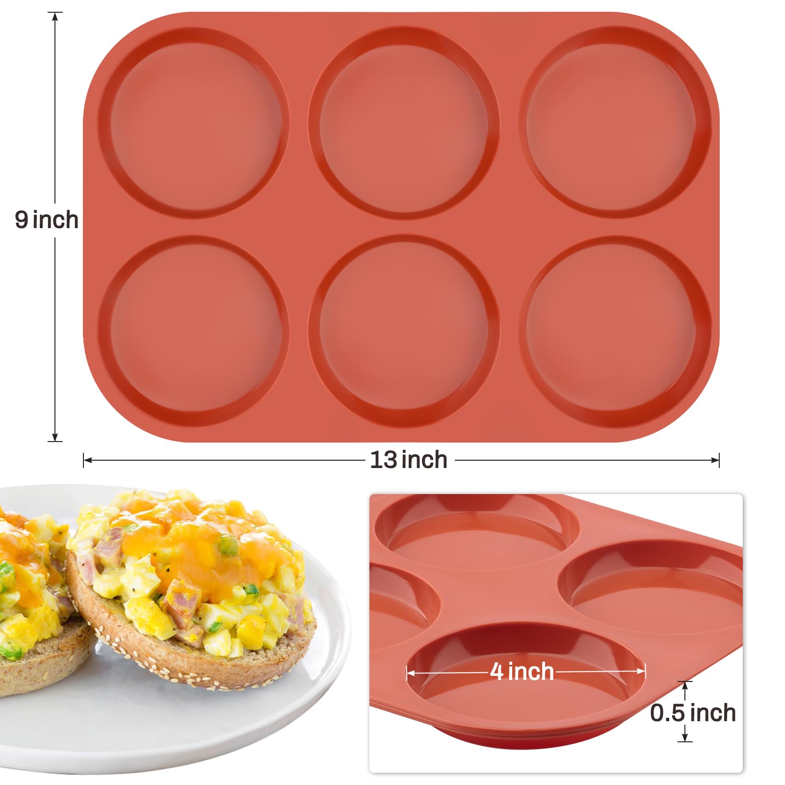 Ocmoiy Moldes de silicona para hornear magdalenas/huevos antiadherentes de 4 pulgadas, molde redondo de silicona para hamburguesas, magdalenas, huevos, 6 cavidades, paquete de 3