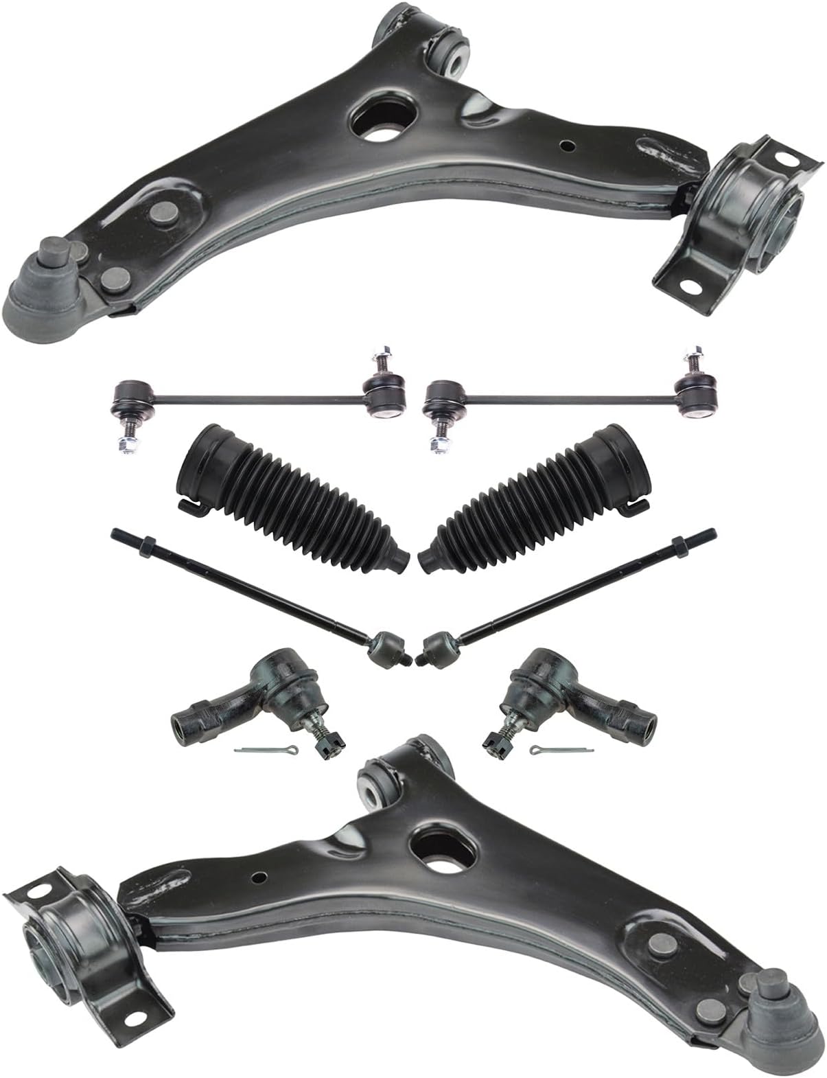 TRQ Front Steering & Suspension Kit Control Arm with Ball Joint Steering Rack & Pinion Bellow Sway Bar Stabilizer Link Tie Rod Compatible with 2009-2010 Ford Focus