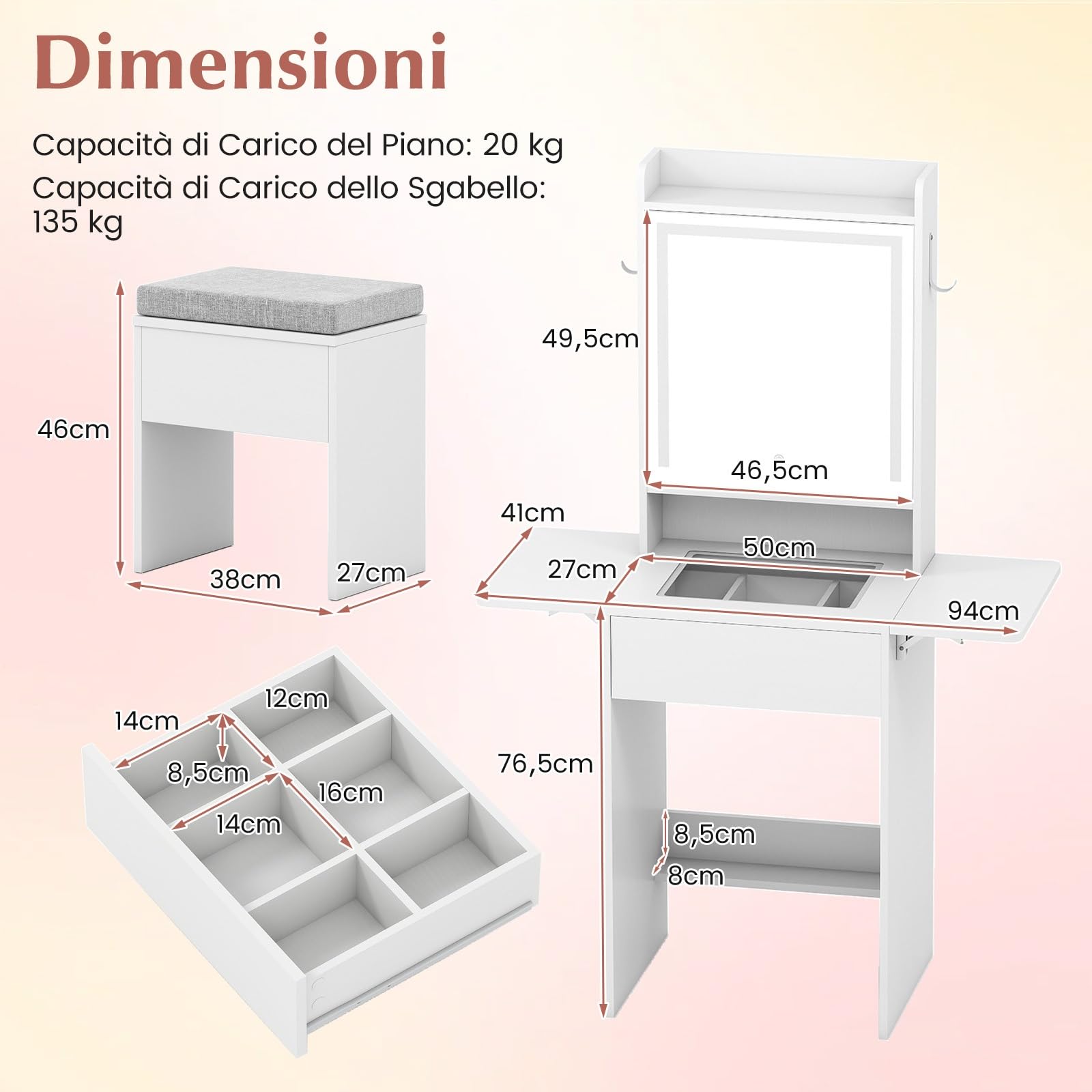 COSTWAY Toeletta Trucco con Luci LED, Tavolo da Trucco con Specchio e Stazione di Ricarica, Postazione Trucco con Cassetto, 2 Piani d'Appoggio a Ribalta, Bianco (Modello 3)