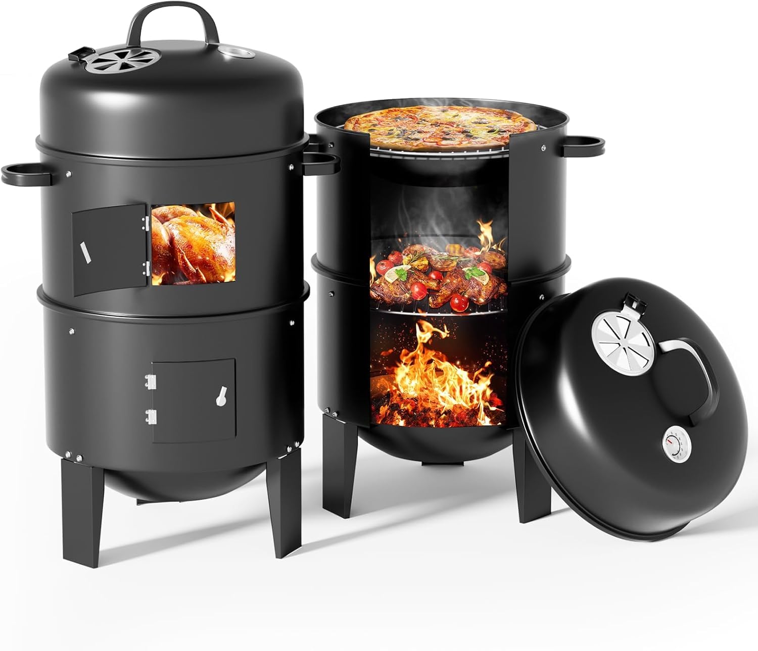 Parrilla para ahumar multifuncional 3 en 1 y barbacoa de carbón de doble capa