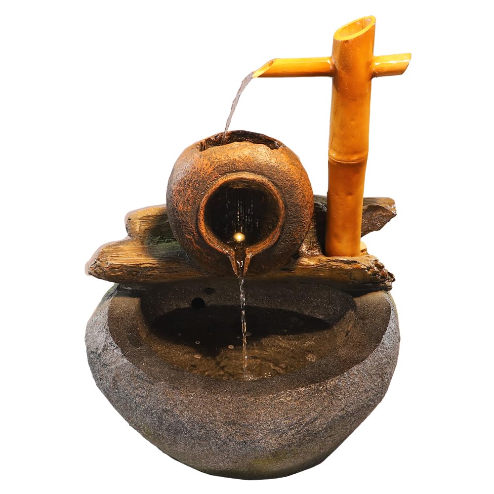 YAHOME Water Fountain, Polyresin & Fiberglass Waterfall Fountain, Rustic Bamboo & Pot Design Electric Fountain with LED Light, Indoor/Outdoor Freestanding Fountains for Meditation, Event & Home Decor