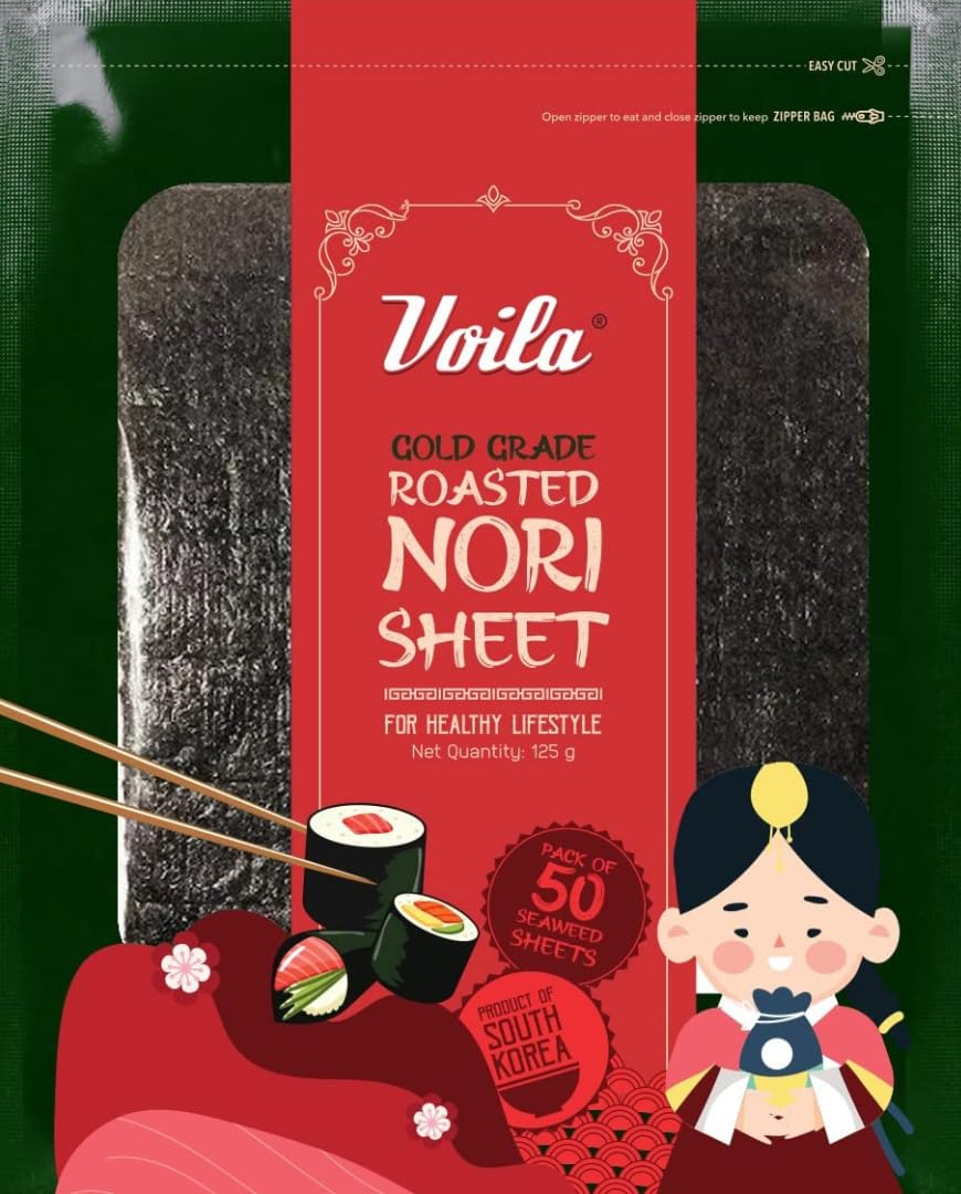 Voila Sushi Nori Sheet Roasted, Resealable 125gm | Gold Grade 50 Full Sheets (Dae Chun Gim Choi's 1) | Korean Roasted Seaweed Laver Sheets | Ideal For Korean, Japanese, Chinese & Asian Cuisine