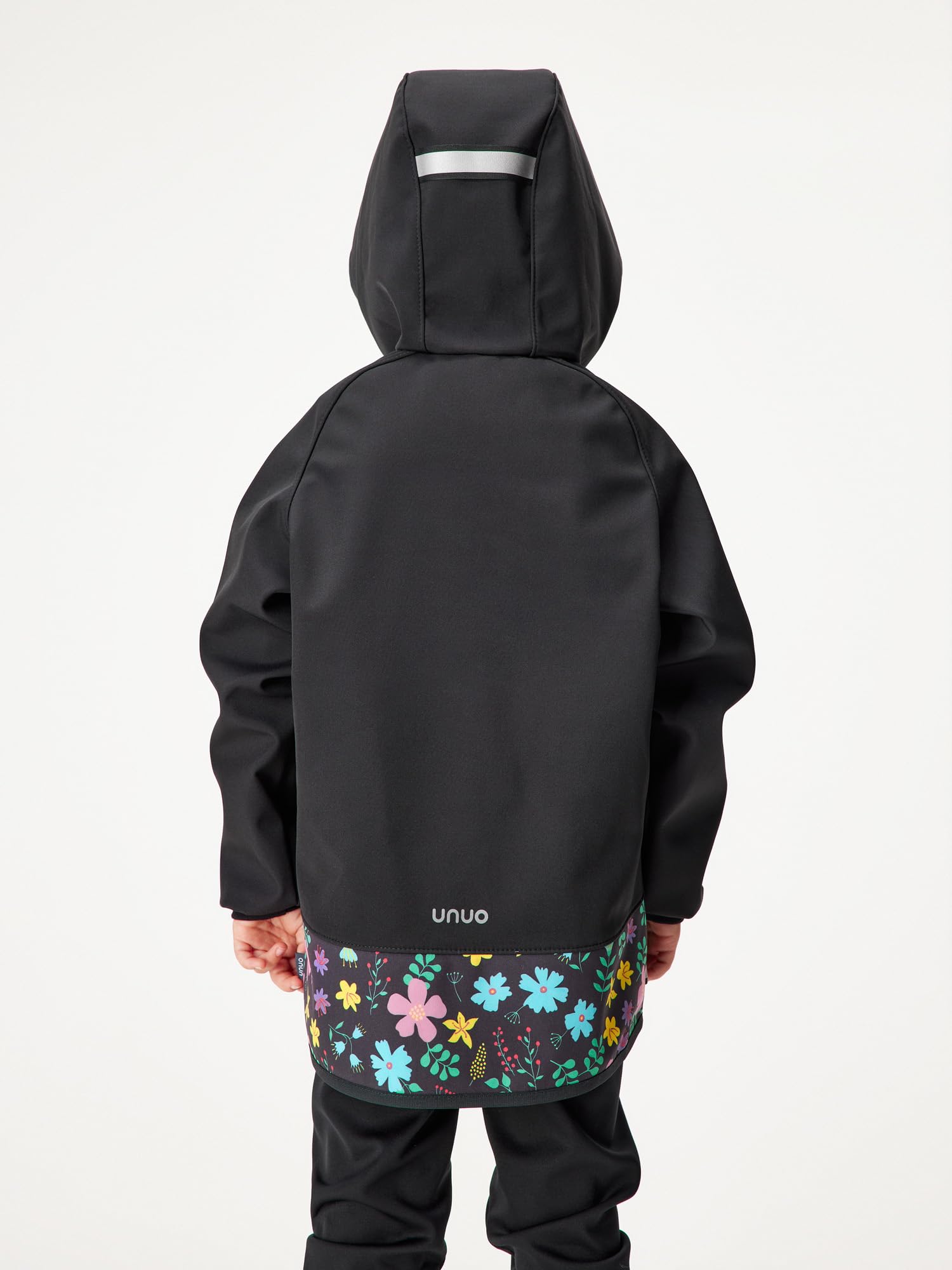 Kinder Softshelljacke mit Fleecefutter und Kapuze, wasserabweisende und winddichte Outdoor Full-Zip Funktionsjacke, atmungsaktive Kinderjacke BASIC, Schwarz, Blumen
