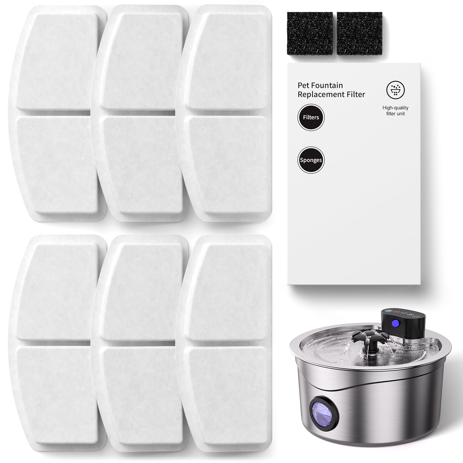 2.6L Wireless Stainless Steel Cat Water Fountain Filters Set, 6 Replacement Filters & 2 Sponges