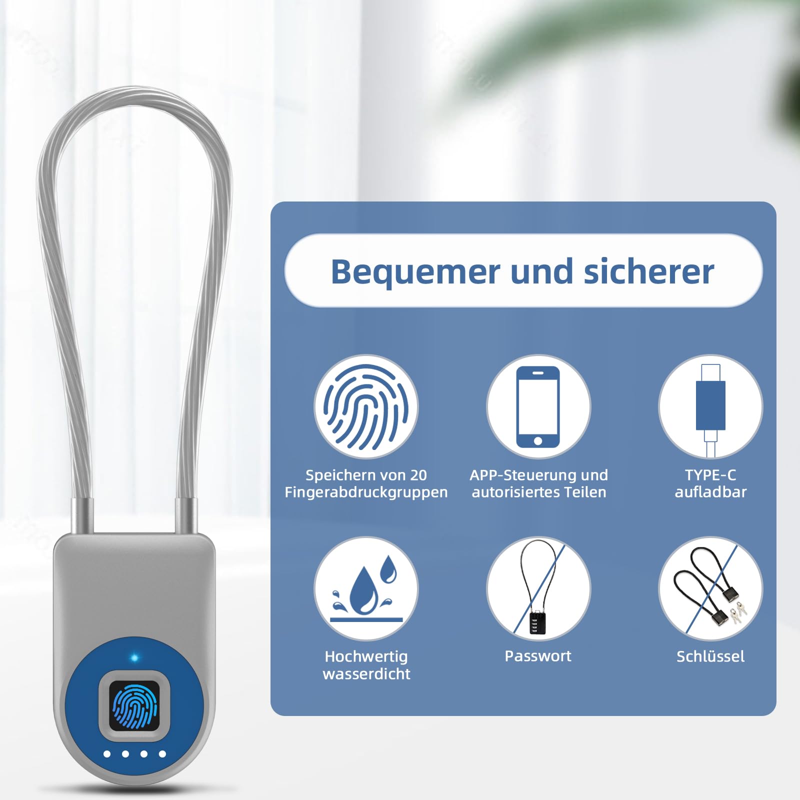 Anweller Lucchetto con impronte digitali, lucchetto con cavo da 22 cm, per impronte digitali con app, adatto per biciclette, scooter elettrici, bagagli, valigetta per armi, cassetta degli attrezzi,