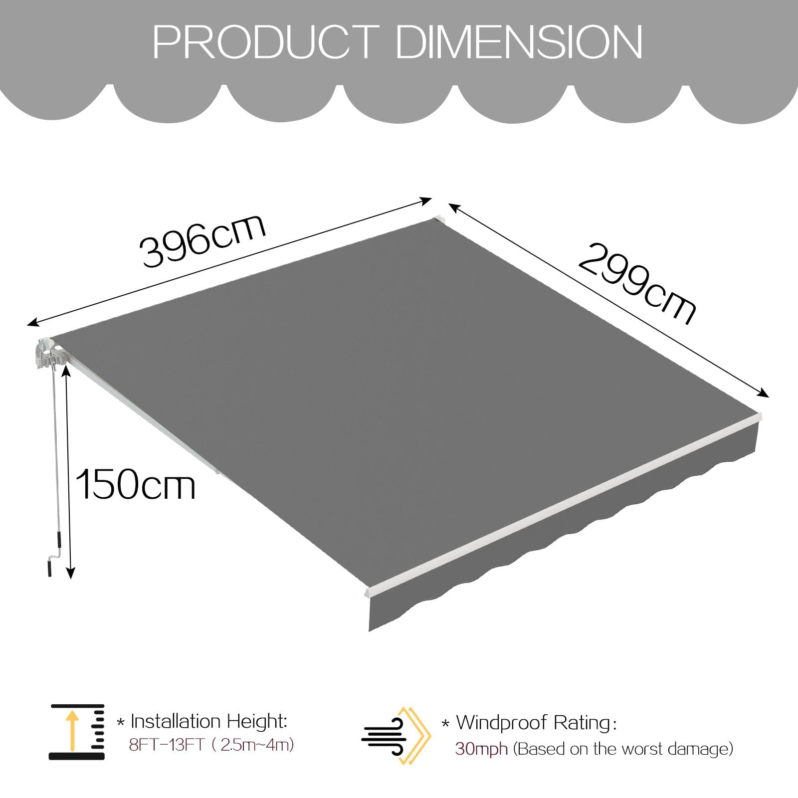YODOLLA Auvent de patio rétractable avec protection UV et imperméable à manivelle pour terrasse/terrasse/extérieur Beige 4 x 3 m (gris)