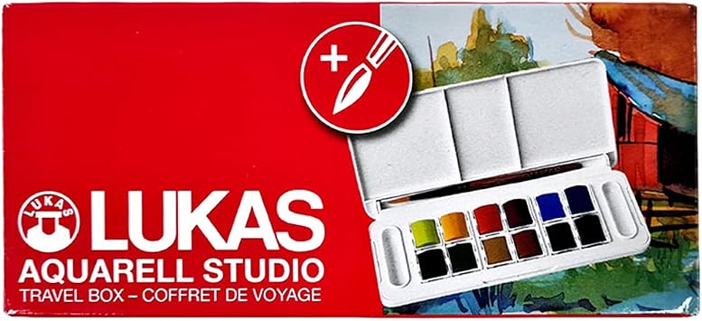 Lukas Aquarell Artist Studio Watercolor Paint Set - Professional Quality, Includes Travel Friendly Plein Aire Outdoor Painting Case, a Water Color Brush and Color Mixing Palette - 12 Brilliant Colors