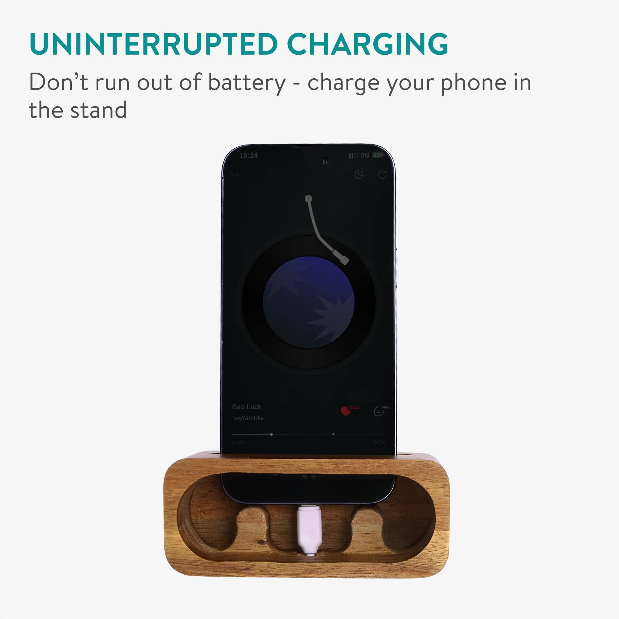 Navaris Porta Cellulare da Tavolo - Supporto con Funzione Amplificatore - con Spazio per Cavo di Ricarica - Appoggia Telefono da Scrivania in Legno di Acacia