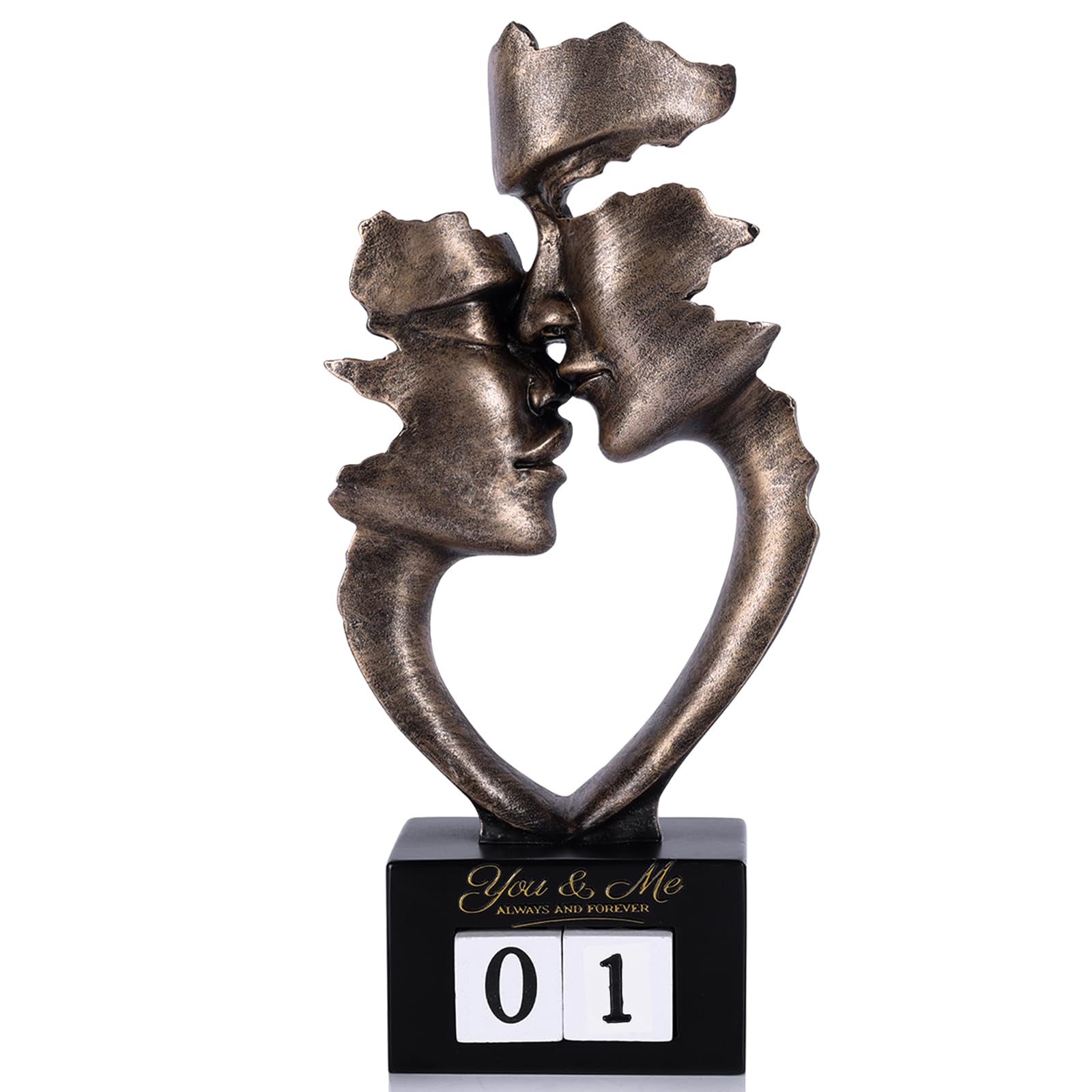 XMGZQ Jahrestagsgeschenke für Ehemann und Ehefrau: Kunstskulptur eines küssenden Paares mit manuellem Jahreszähler (0–99 Jahre), Countdown-Kalenderstatue zum Hochzeitstag (Bronze, 25cm)