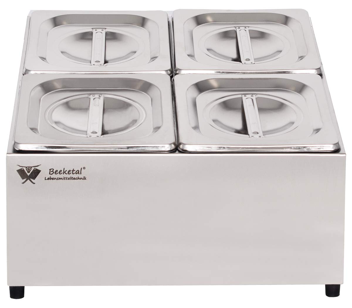 Beeketal 'BGN4-Duo' Edelstahl GN Aufsatzboard für 4 Gastronorm Behälter (zweireihig), Gastro Zutatenbehälter inkl. 4 Stück (GN) 1/6 Behälter mit Deckel, abgeschrägtes Gestell mit Anti-Rutsch Füßen