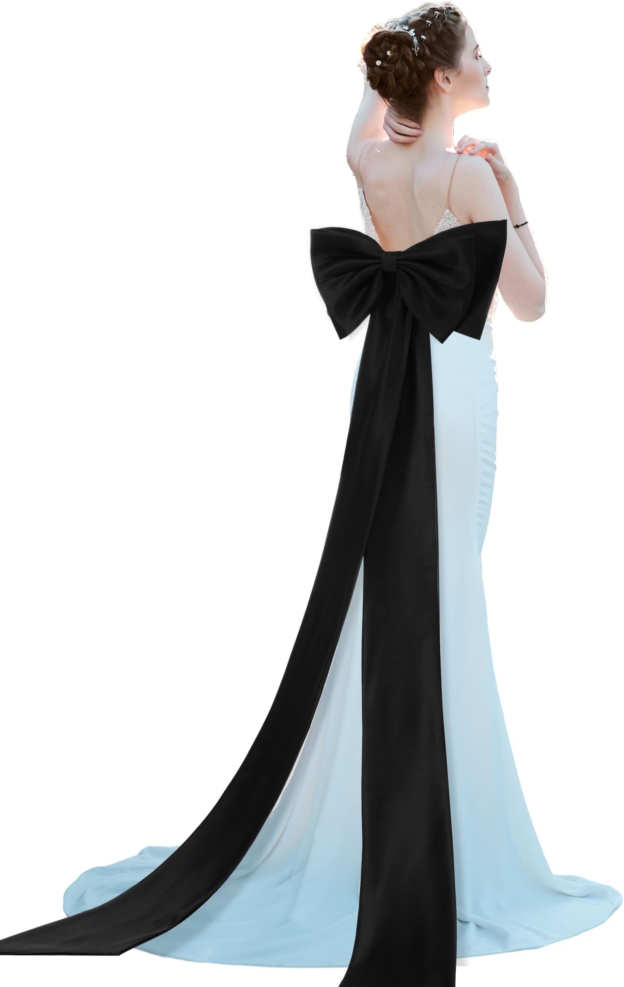 ChuarryExtra Long 67" Satin Big Bow Detachable Train Removable Sweep Train Waist Sash Belt for Bride Formal Wedding Dress