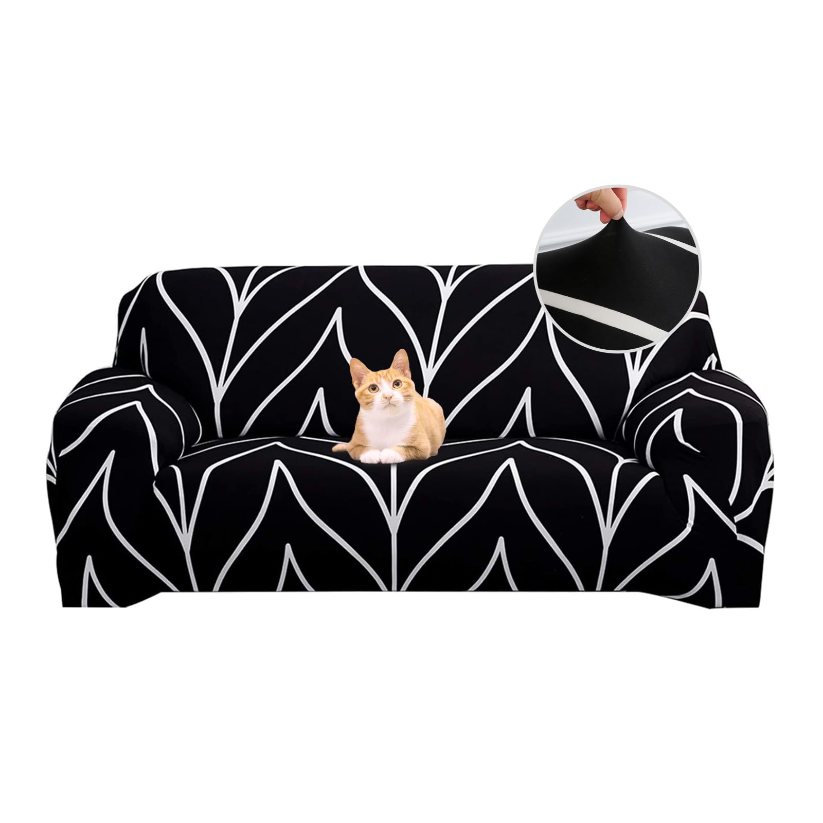 Jaotto Copridivano 2 Posti Elasticizzato, Fodera per Divano Elasticizzato Fantasia Antiscivolo Antimacchia, Copridivano con Braccioli Tessuto Super Morbido Universale,Linea Nera