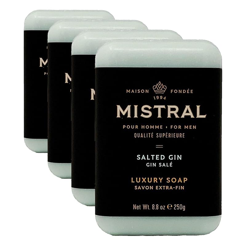 Sabonete em barra Mistral Salted Gin para homens, fragrância de grapefruit, zimbro e musk branco, triplo moído, 250 g, pacote com 4