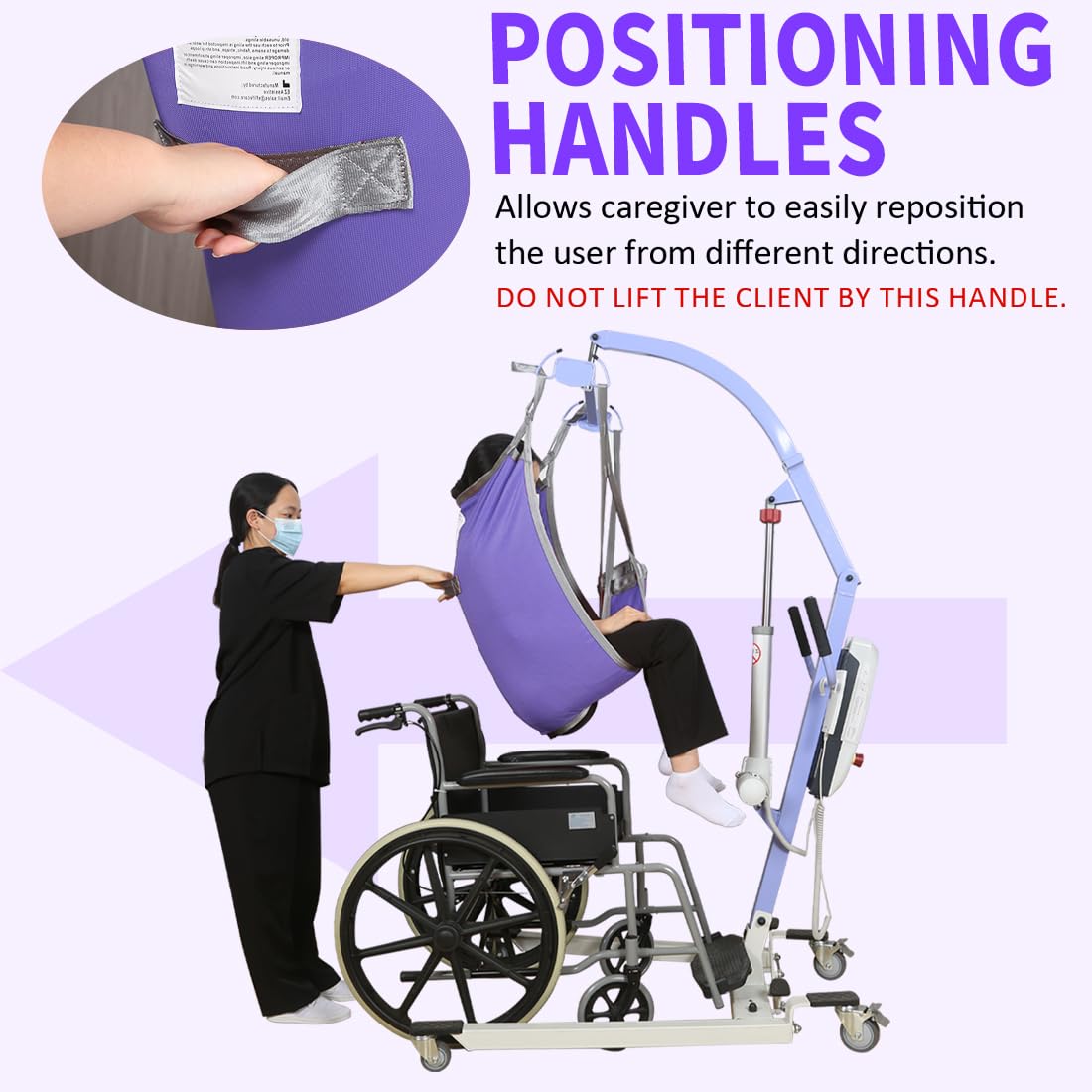 Eslinga de elevación dividida para pacientes con soporte de espalda baja, capacidad de transferencia de 500 libras para levantar e ir al baño de forma segura, ajuste universal reforzado de