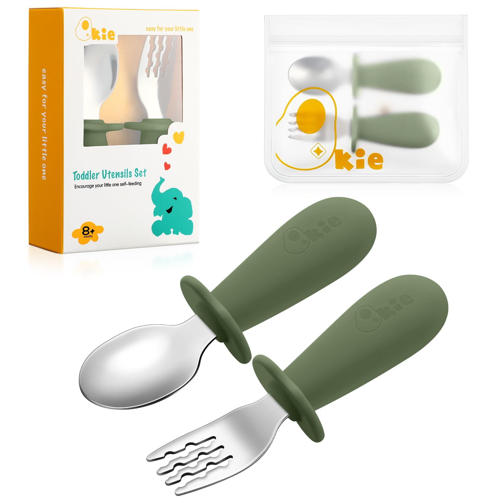 Qkie Kinderbesteck Baby Besteckset Mit Aufbewahrungstasche Edelstahl Baby Loffel Und Baby Gabel Mit Silikon Griffe Für Baby Kleinkind Esslernbesteck, 10 Monate+ (Matcha)