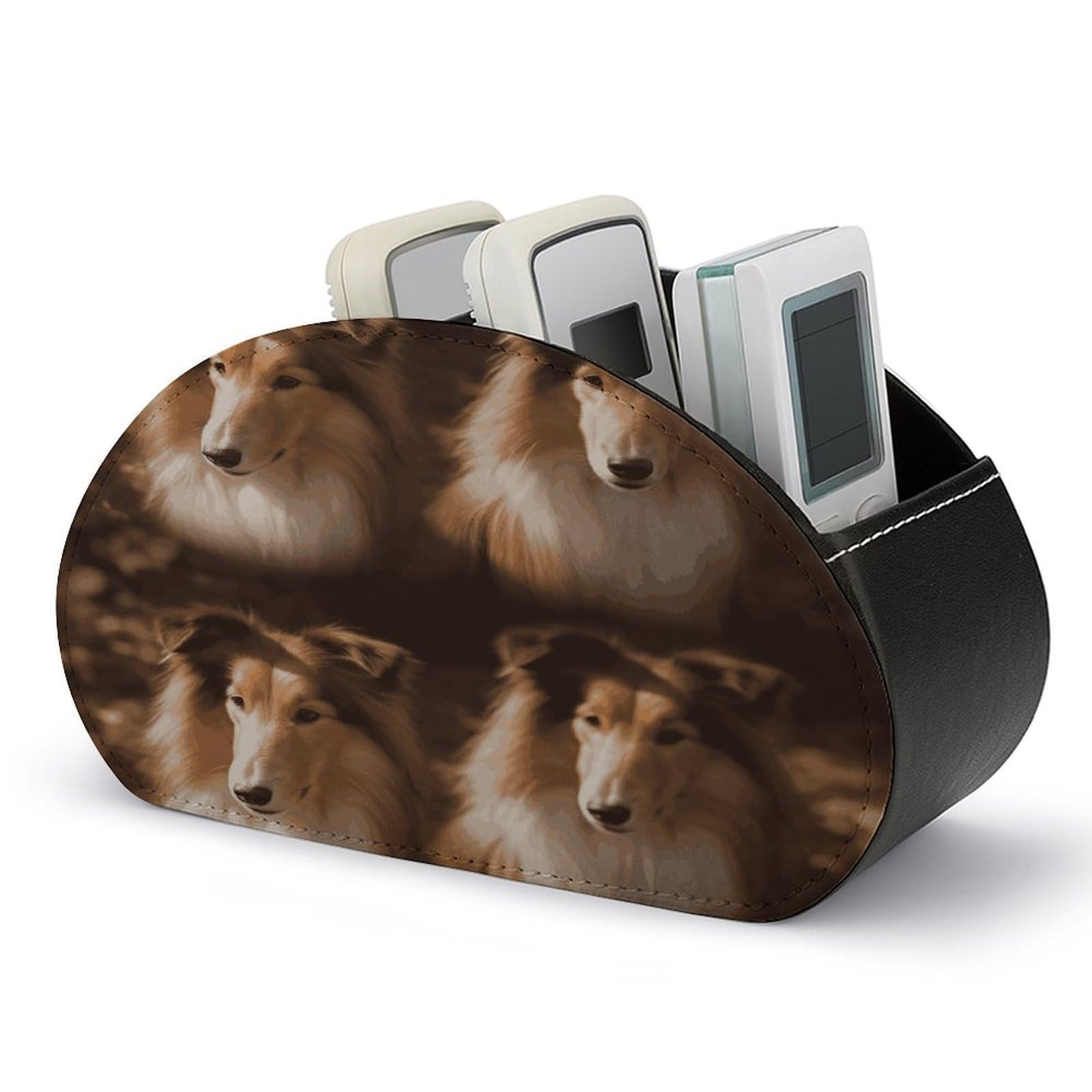 FekiLoot Shelties Remote Control Holder PU Leather Tabletop Organizer with 5 Compartments Storage Tray & Desktop Organizer for TV Remotes Glasses Pens