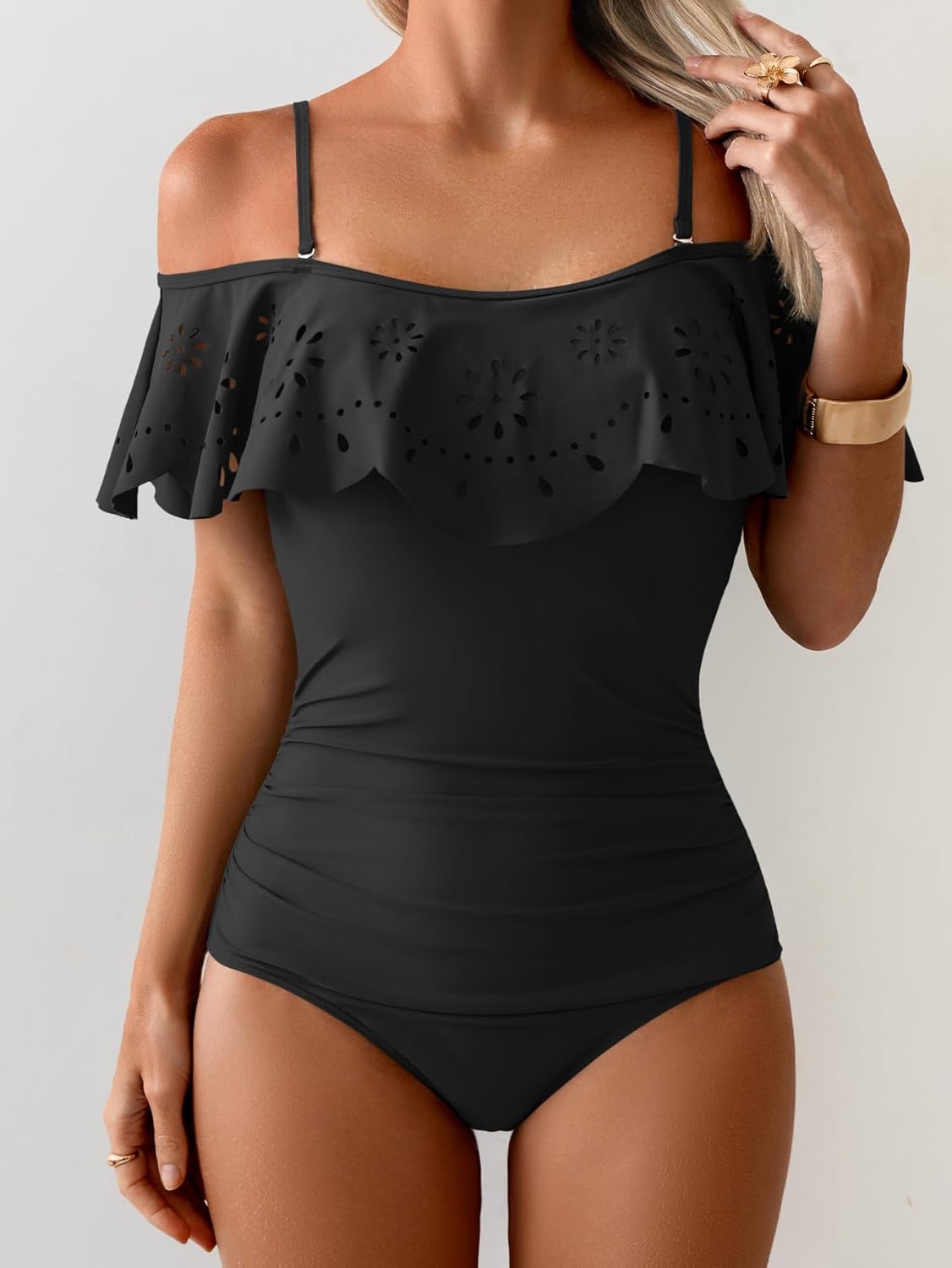 Women's One Piece Swimsuit Tummy Control Ruffle Bathing Suit Cutout Spaghetti Straps Swimwear - Image 4