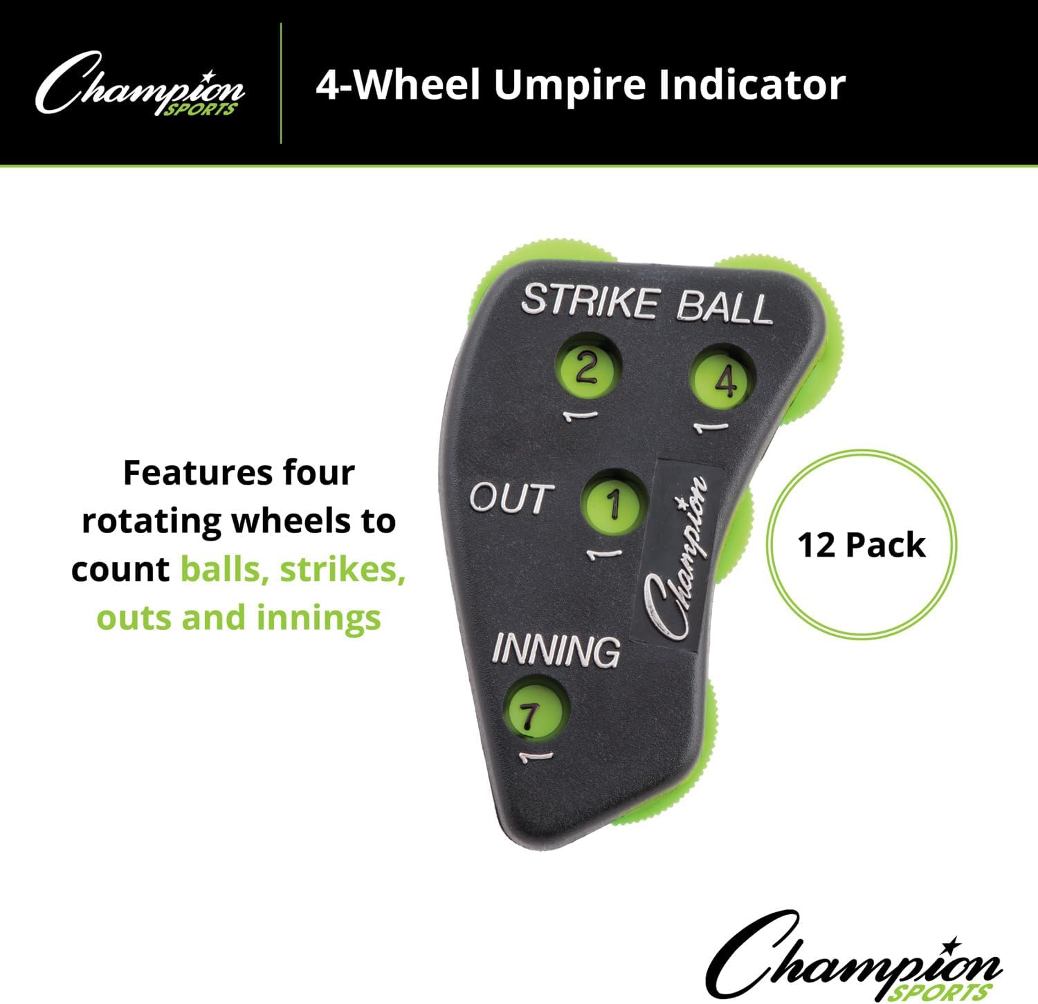 Champion Sports 4 Wheel Plastic Baseball Umpire Count Indicator - Call Order Strikes, Balls, Outs and Innings - Black with Optic Yellow