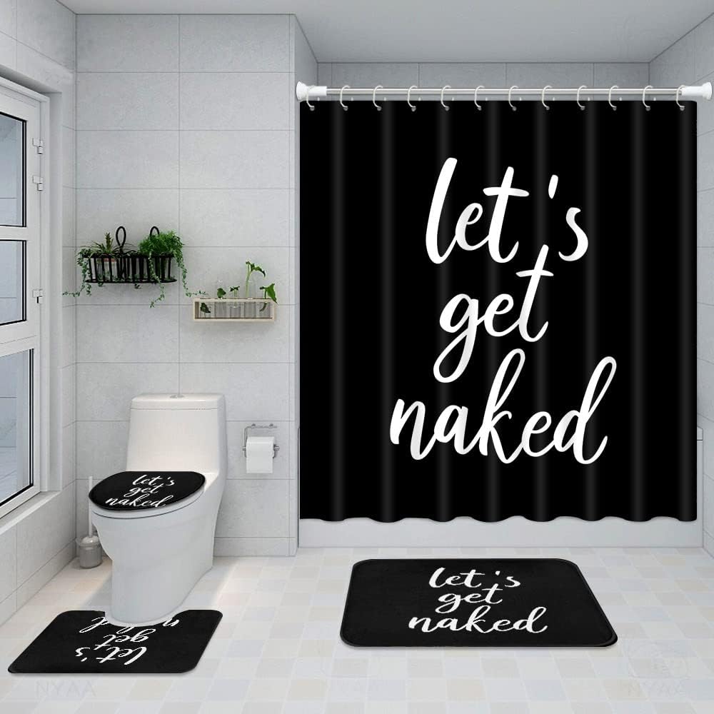ArtSocket 4PC Shower Curtain Set with Rugs, Let's Get Naked Bathroom Set with Non-Slip Rug, Toilet Lid Cover, Bath Mat and 12 Hooks 72x72 inches