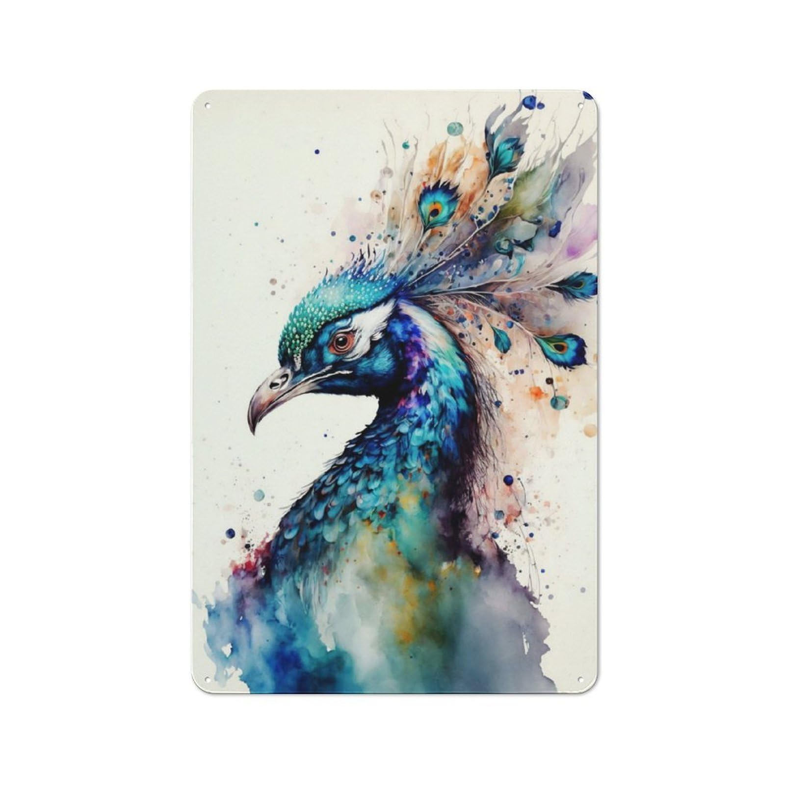 Retro Metal Sign with Peacock in Watercolor Design 30x20cm, Weathered Look Shed Wall Plaque for Garage, Workshop, Shed Or Utility Room