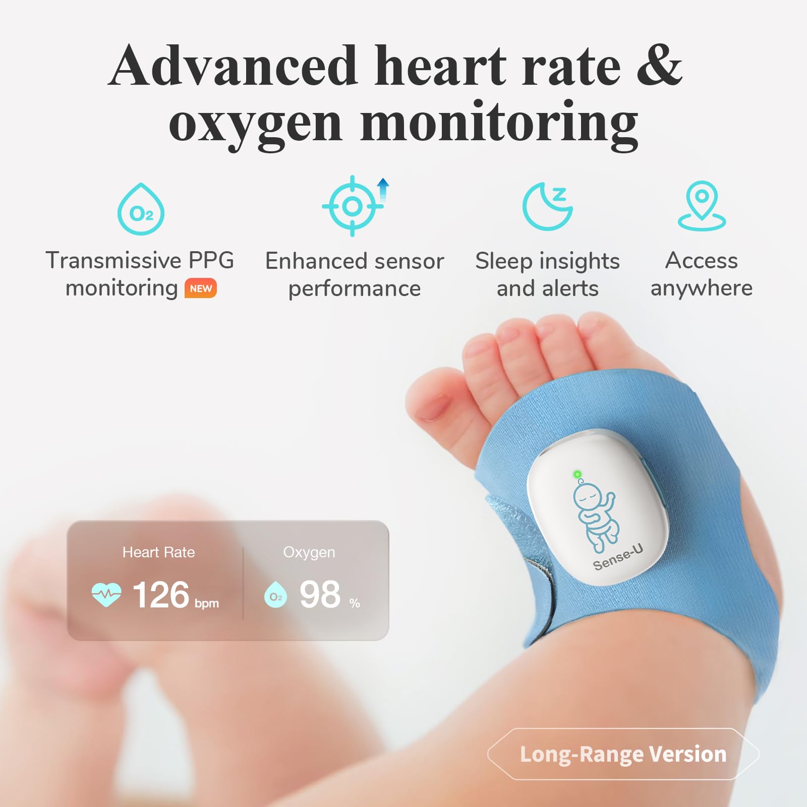Sense-U Smart Sock Shoe 2 Moniteur bébé longue portée avec station de base – Suivi de la fréquence cardiaque et du sommeil avec capteur de pied PPG transmissif, pour 1 à 18 mois