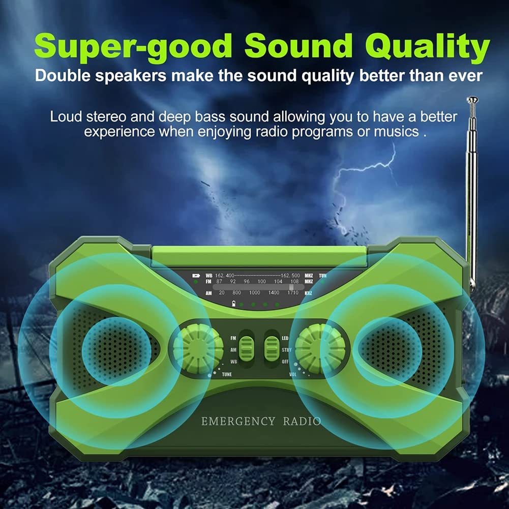 TsoLay Radio de Emergencia de 10000MAh, Radio de Manivela Solar, Portátil con Cargador de Teléfono, Linterna LED Verde