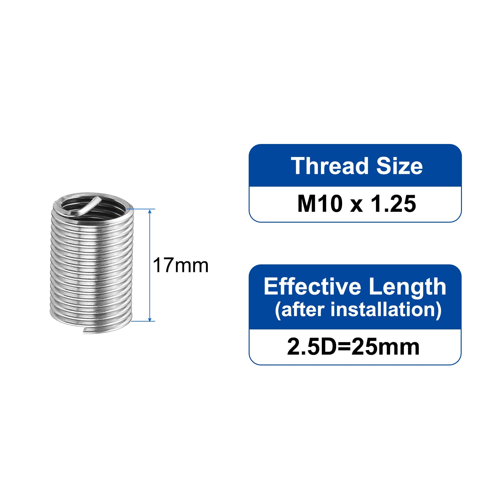 QUARKZMAN 50Pz Inserti Filettati a Filo M10 x 1.25 2.5D(25mm) Metrico 304 Acciaio Inossidabile Inserti Filettati Filo Inserto di Riparazione Filettatura Filettata a Spirale