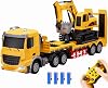 RC Semi Truck and Trailer & Excavator Toy Set - 11CH 24.6 Dual Control Mode Remote Control Engineering Vehicle with Sound & Lights, 2.4Ghz Flatbed Truck with Excavator Toys, Great Gift for Kids Boys