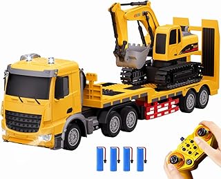 RC Semi Truck and Trailer & Excavator Toy Set - 11CH 24.6" Dual Control Mode Remote Control Engineering Vehicle with Sound & Lights, 2.4Ghz Flatbed Truck with Excavator Toys, Great Gift for Kids Boys