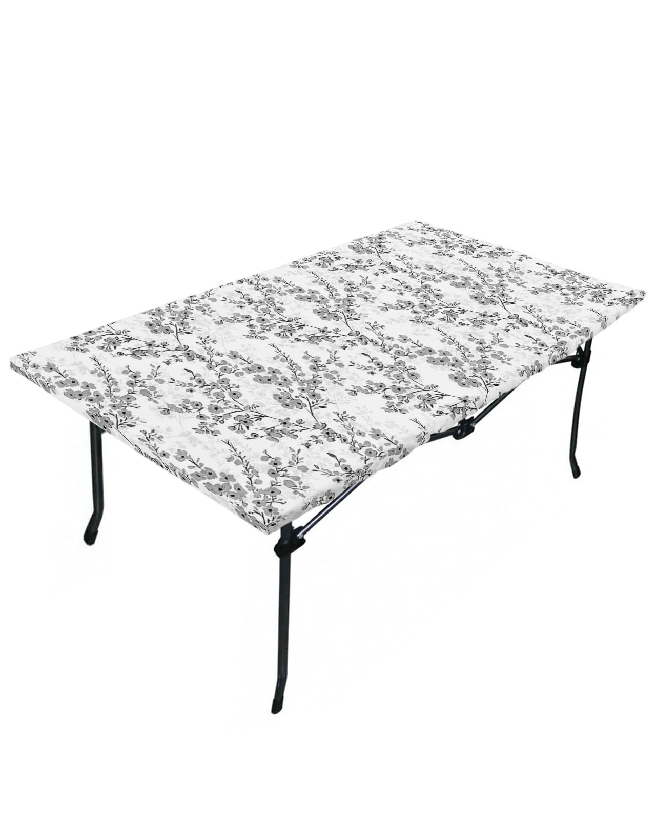 Grey Botanical Fitted Table Covers for 4 Foot Tables, Watercolor Spring Floral Pastoral Summer Flower Elastic Table Cover Rectangle 24