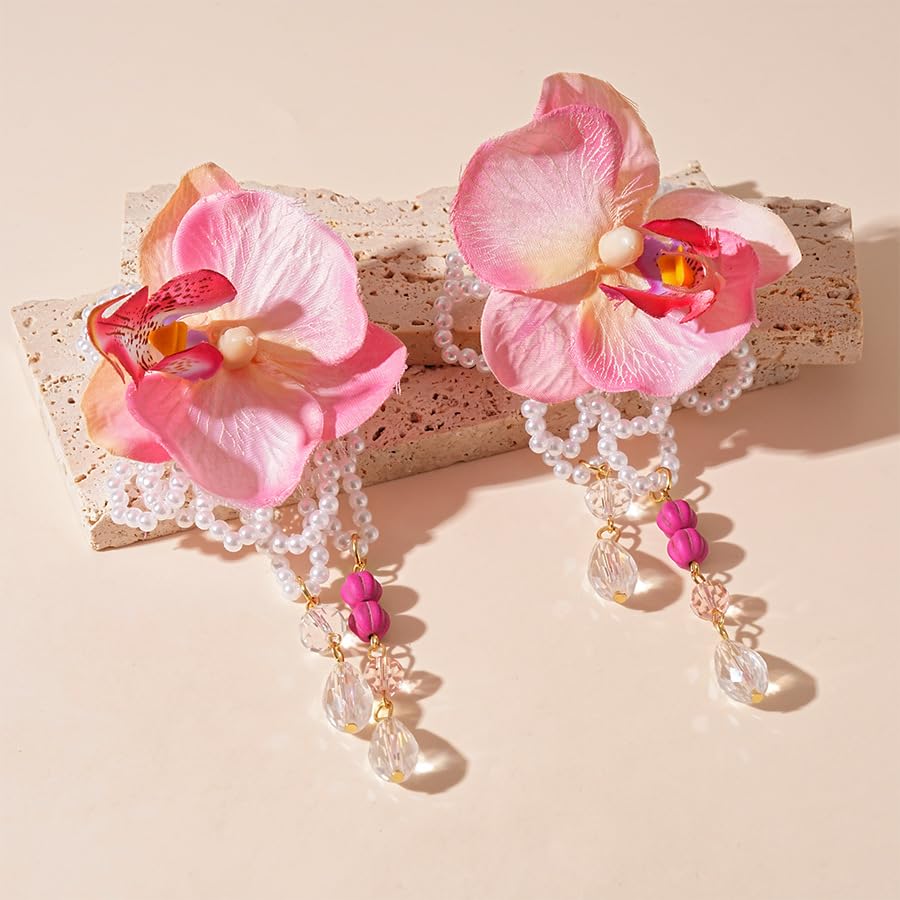 Orchid Earrings For Women, Bohemian Pink Large Butterfly Flower Tassel Artificial Pearl Petal Dangle Earrings Elegant Beach Party Gift Jewelry3