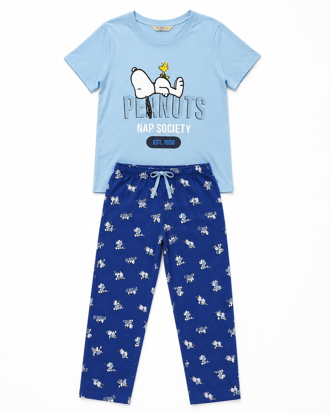 Women's Peanuts Snoopy Printed Cotton Pyjama Set, Short Sleeve Top with Cobalt Blue Pants, Round Neck, Drawstring-image-16
