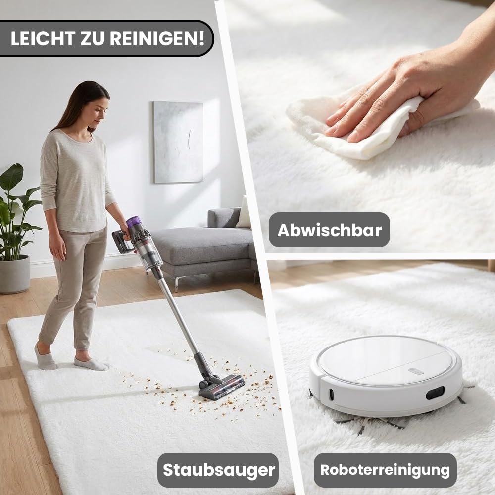 VIMODA Fellteppich Deluxe waschbar, sanfter Hochflor-Teppich einfarbig, kuschelig für Ihr Wohnzimmer oder Schlafzimmer,Farbe:Weiß;Maße:120x160 cm