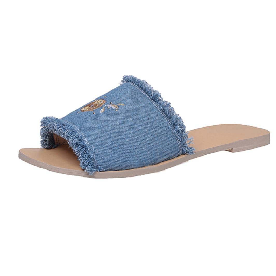 Women's Open Peep Toe Denim Summer Platform Flip Flop Pineapple Flower Pattern Flats Slippers Sandals Beach Shoes, Indoor & Outdoor