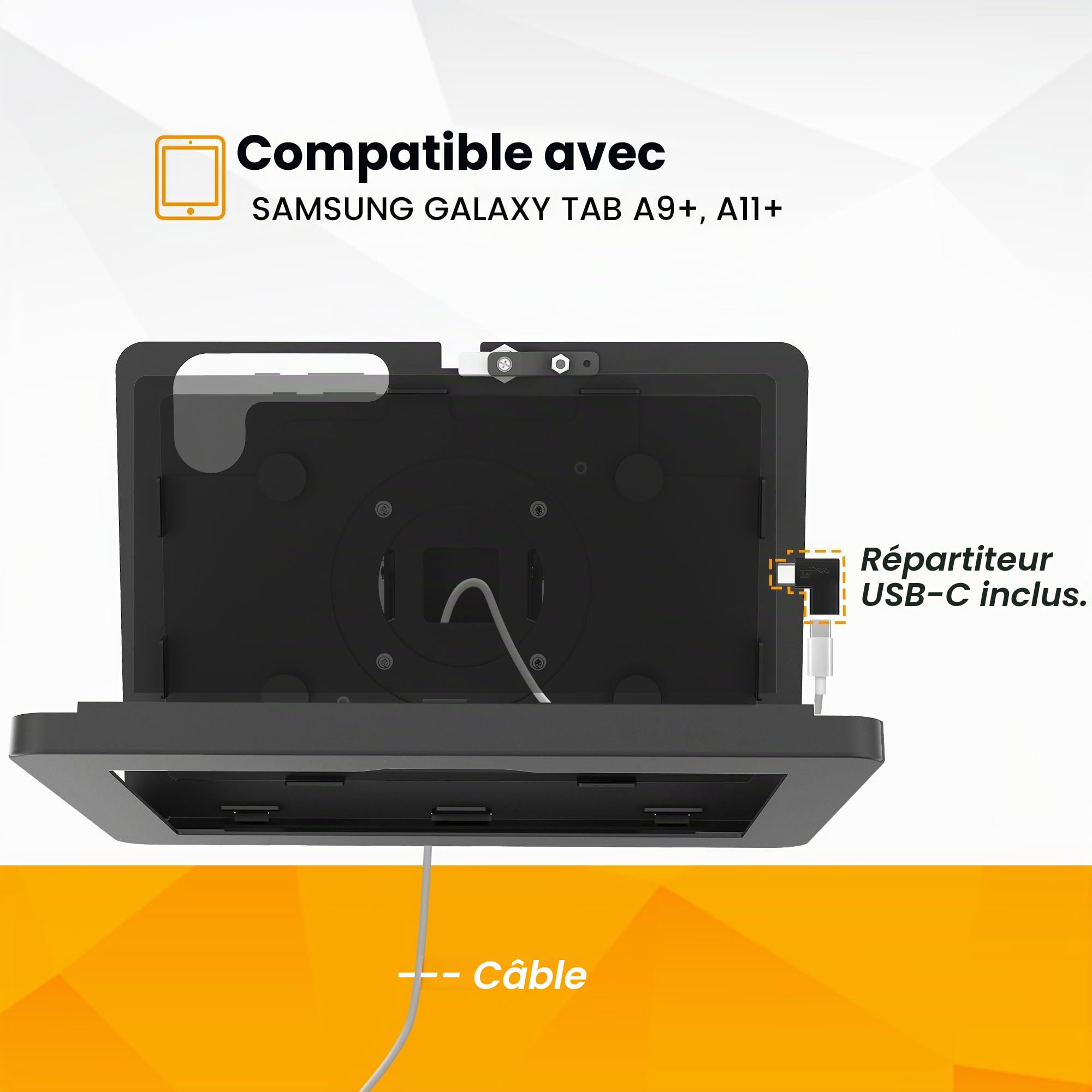 Support mural pour tablette compatible avec Samsung Galaxy Tab A11+, Tab A9+, antivol avec verrouillage, tout métal, inclinable - BSW101BJ