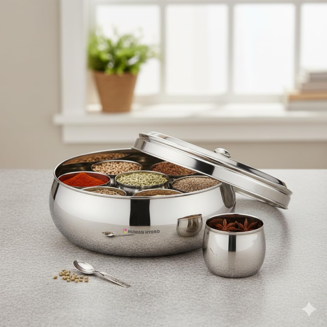 Human Hydro Premium Belly Shape Masala Dabba (18 cm, 7-in-1) | Stainless Steel Spice Box with See-Through Lid, 7 Containers & 1 Spoon | Compact Airtight Masala Box — Amazon image 5