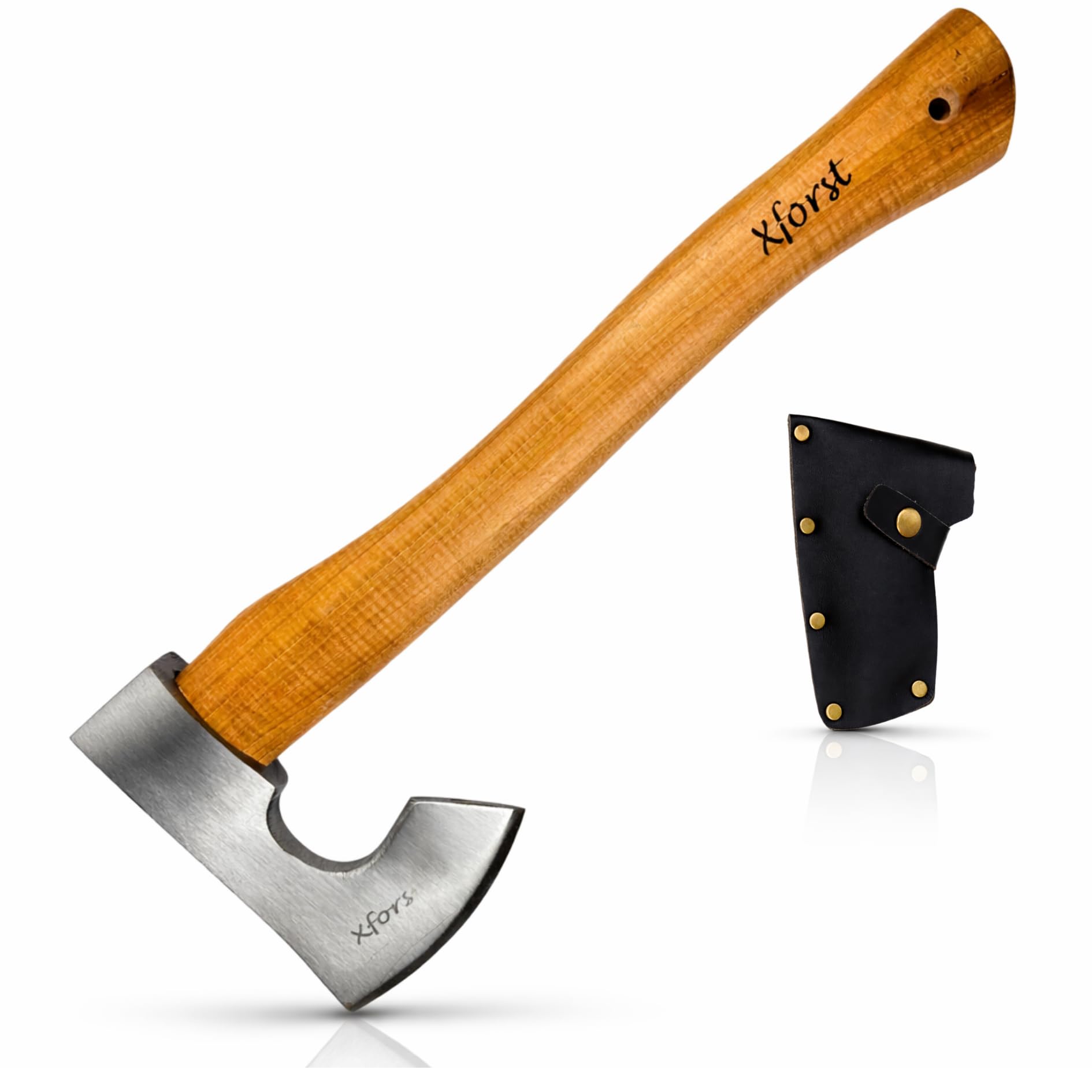 Xforst Hache Viking X-H6 – Hache de Survie 38 cm | Tête Forgée en Acier au Carbone | Manche en Bois de Hickory | Étui de Protection en Cuir Véritable | Beil Bushcraft 0,86 kg